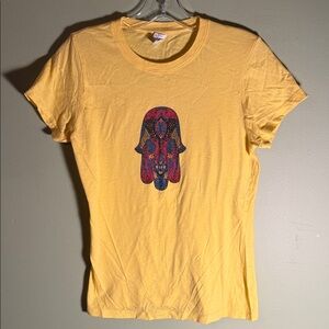 Women's Yellow Short Sleeve Tee with Decorative Hamsa Motif